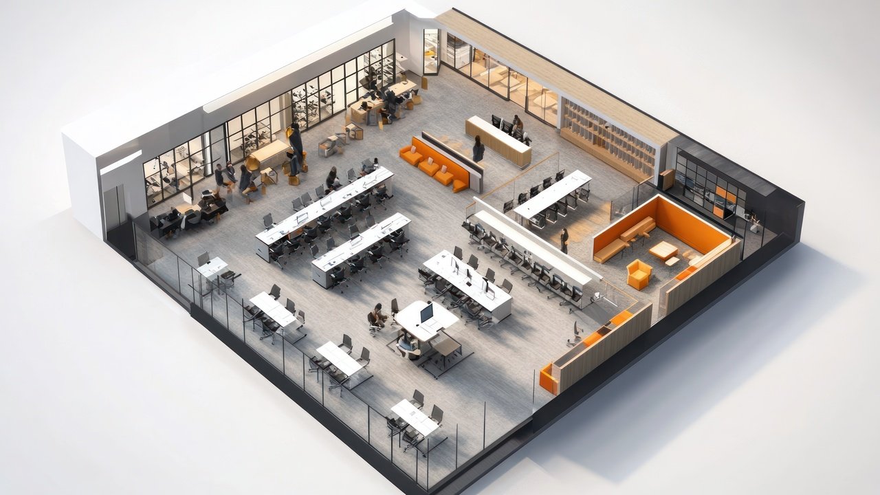 Create a dynamic office layout that encourages collaboration and fosters innovation through flexible and interconnected workspaces. --ar 16:9 --v 6.1 Job ID: 22e9cfef-f723-4b2d-8ca8-bd5afdde5c79